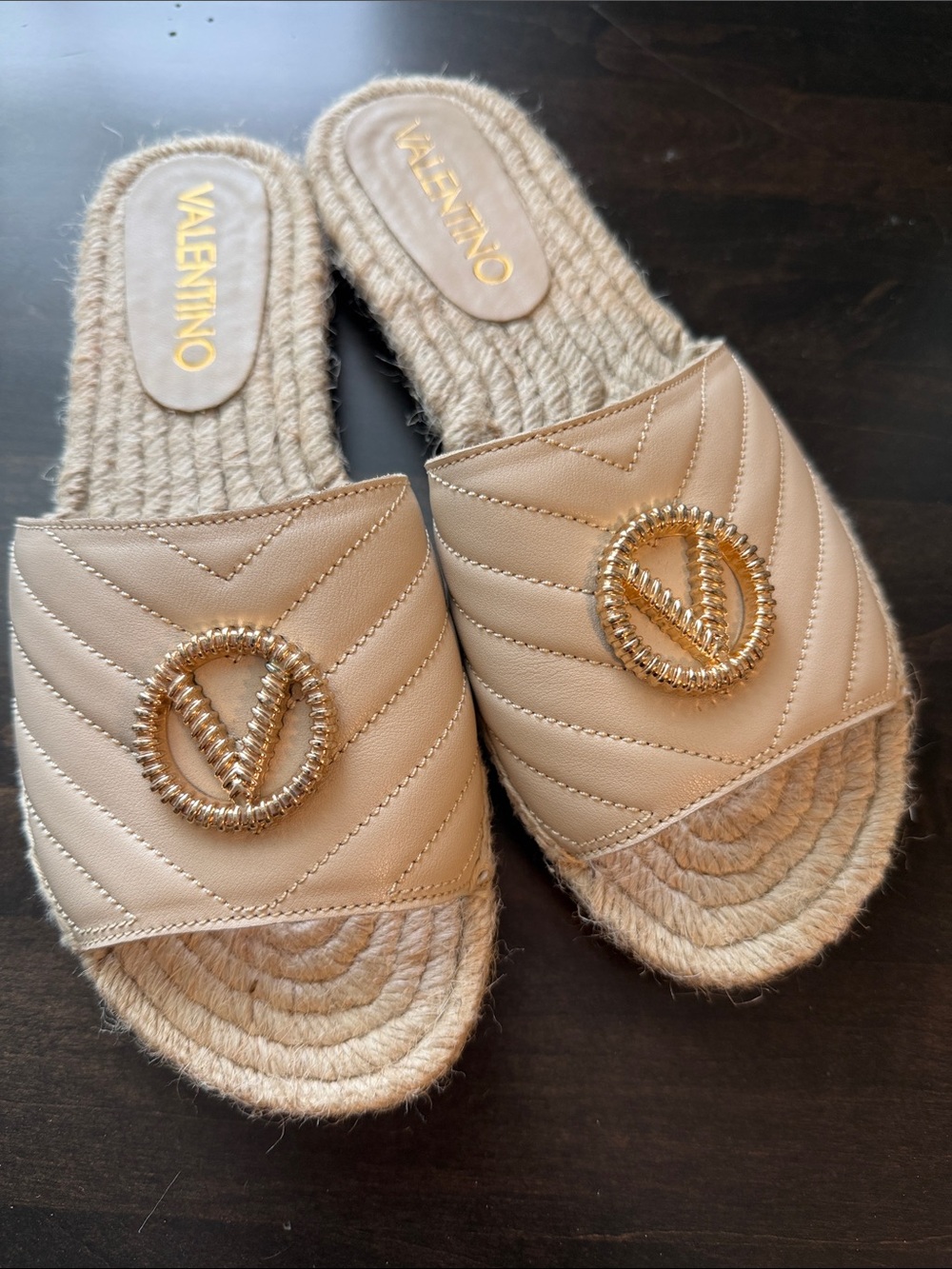Valentino Beige Quilted Slide Mules with Gold V Emblem
